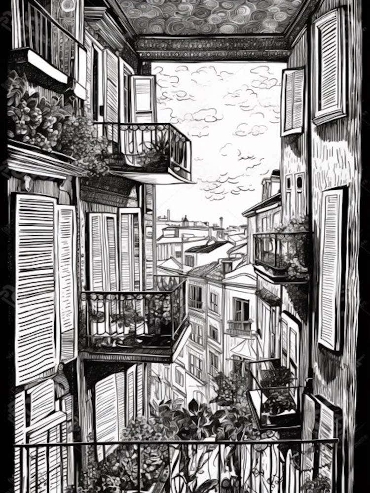 Window View Of Lisbon Portugal   Black And White Colouring Pages Line Art 1