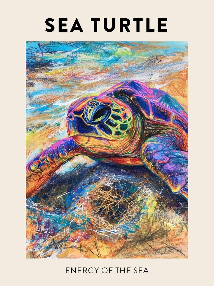Rainbow Sea Turtle Scribble On The Beach Poster