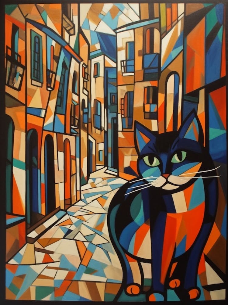 Painting Of Barcelona With A Cat In The Style Of Cubism, Picasso Style 1