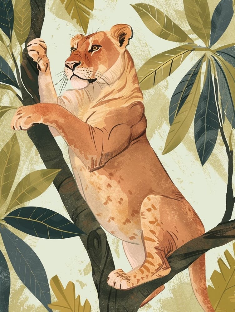 African Lion Climbing A Tree Illustration 4