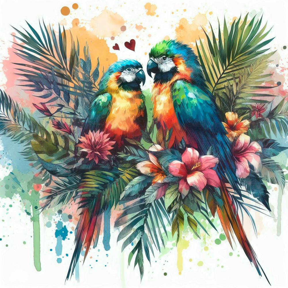 Romance d'oiseaux tropicaux - Forêt tropicale - Fond à éclaboussures d'aquarelle - Bien défini 1