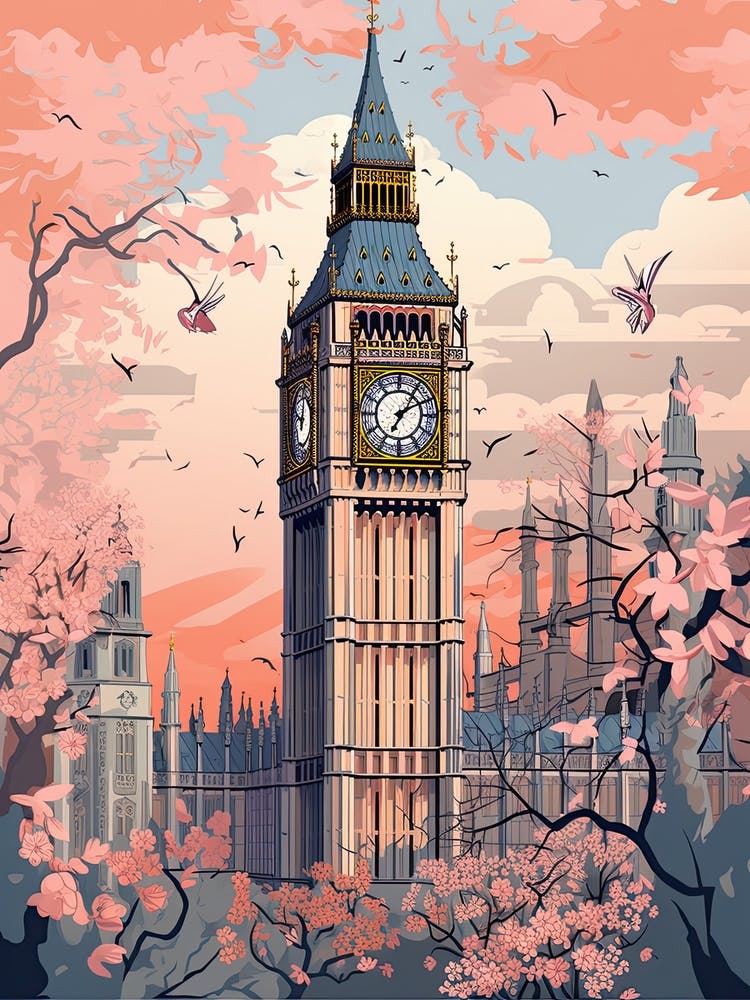 Big Ben, London   Cute Botanical Illustration Travel 1