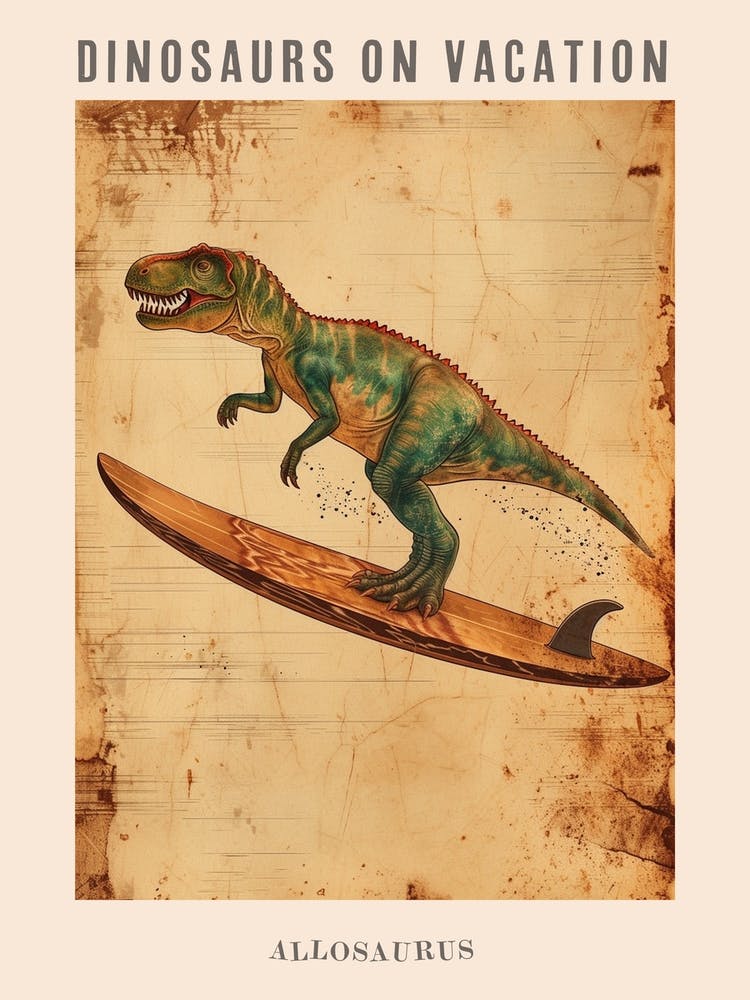 Vintage Allosaurus Dinosaurier auf einem Surfbrett 2 Poster