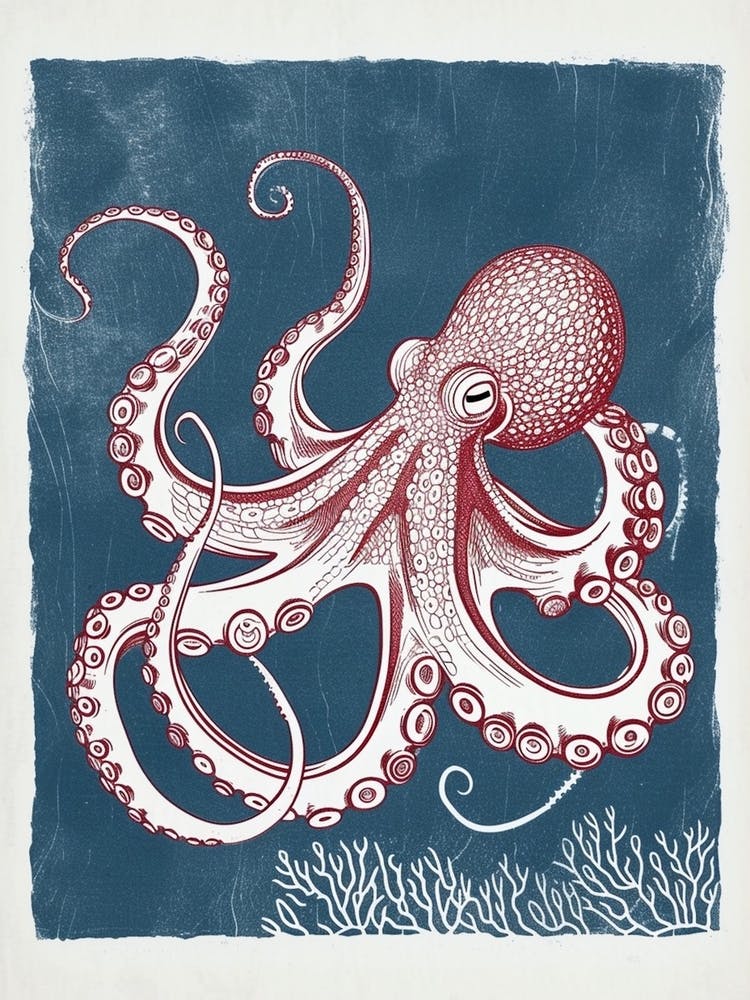 Linocut Inspired Navy Red Octopus With Coral 8