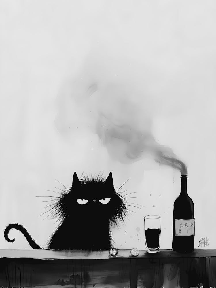 Black Cat With A Bottle Of Wine