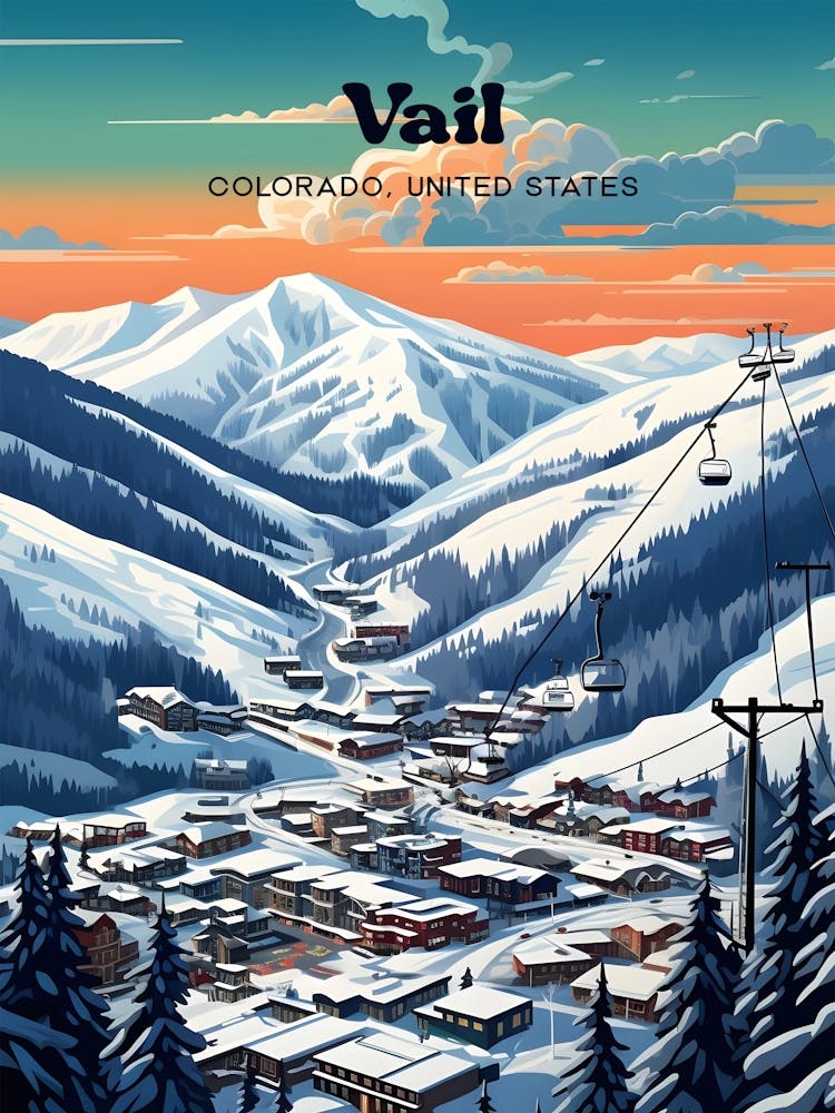 Vail Colorado USA Snow Mountain Travel Art Illustration