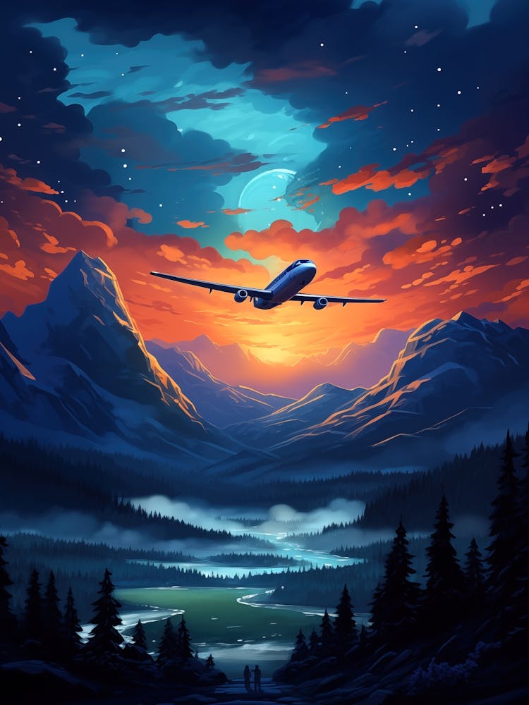Airplane Travel Over Mountains with Sunset Sky