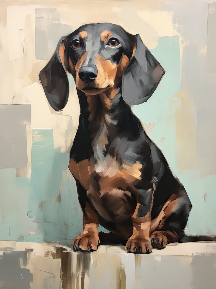 Dachshund Dog, Painting In Light Teal And Brown 2