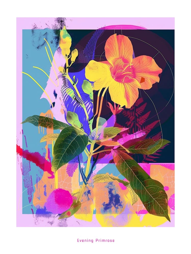 Evening Primrose 4 Neon Flower Collage Poster