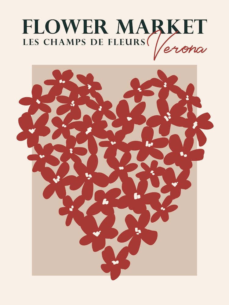 Flower market Verona Italy, Neutral retro print, Heart art, Romantic, Love