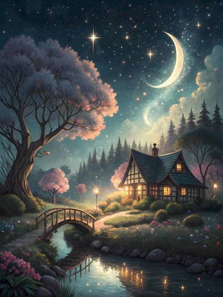 A Mesmerizing Nighttime Landscape with a Cottage and Moon oil painting