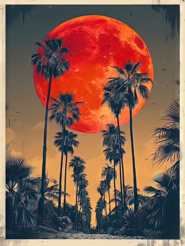 Red Moon Over Palm Trees