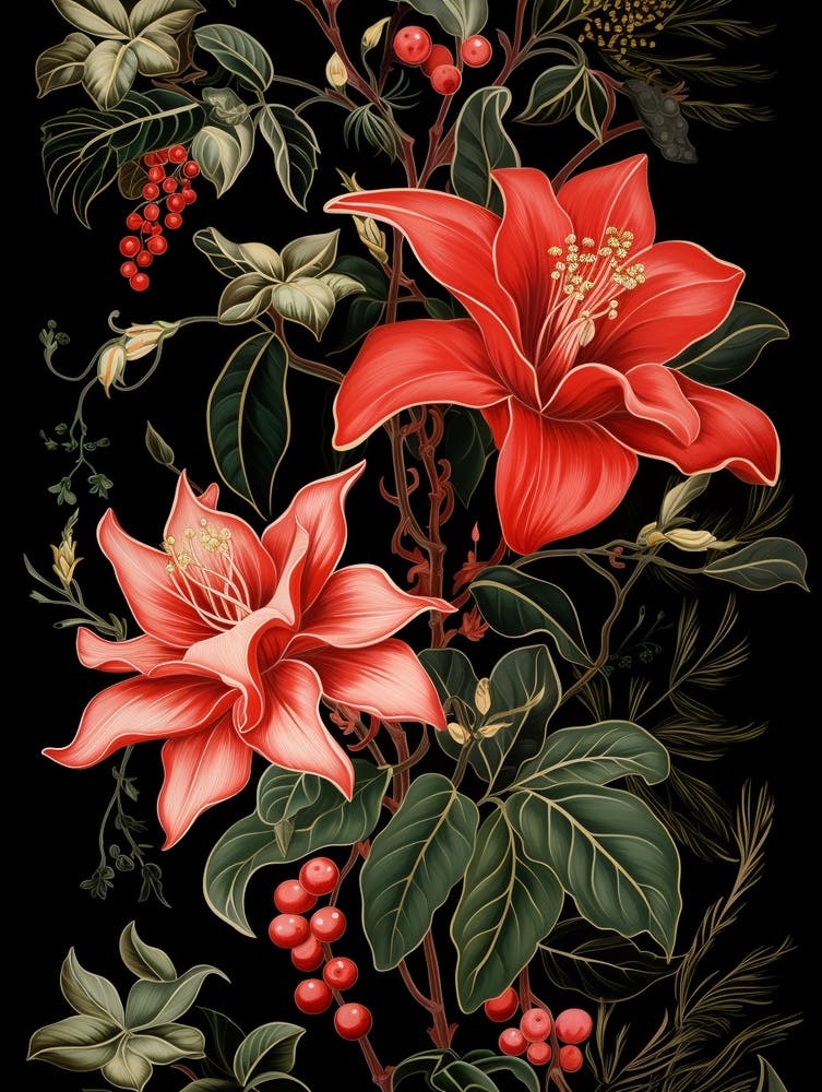 Christmas Cactus 2 William Morris Style Winter Florals