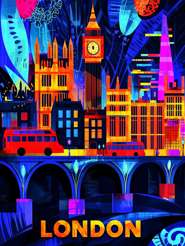 London Neon Nights – Vibrant Cityscape Art Poster