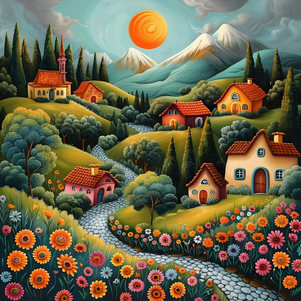Village In The Sun, Naive, Whimsical, Folk