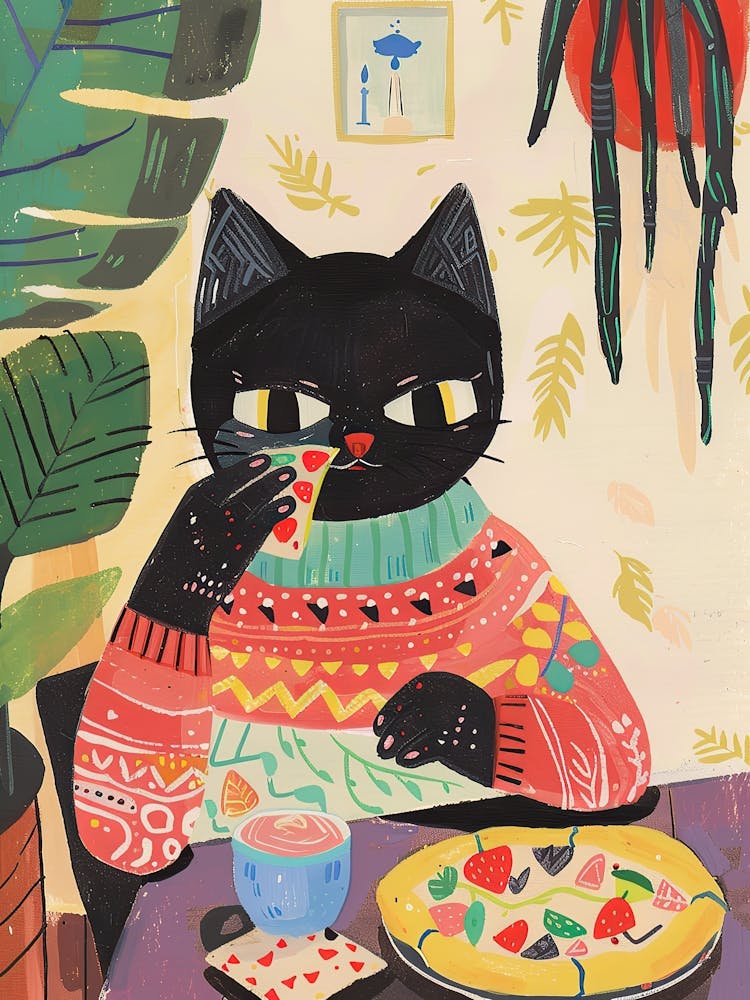 Schwarze Katze isst ein Pizzastück Folk Illustration 1