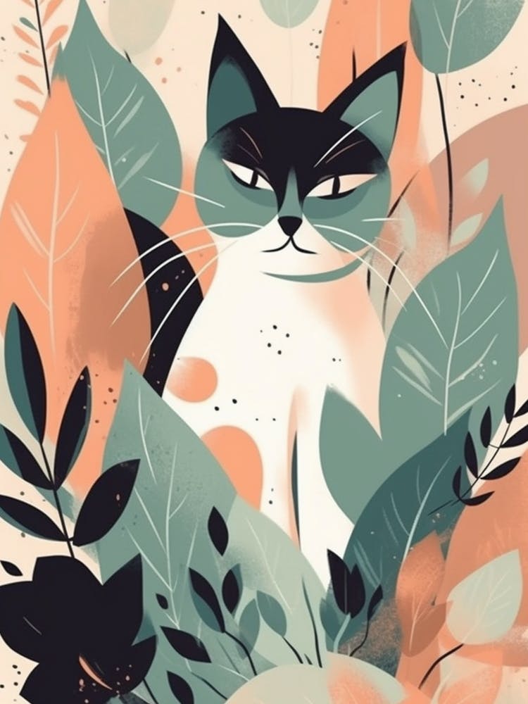 Jungle Cat With Leaves and Flowers
