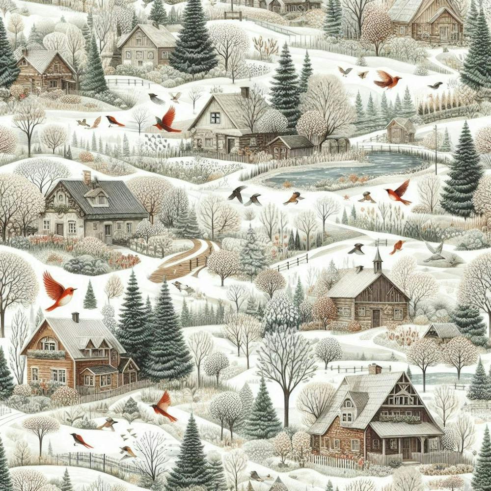 Winter Village With Cozy Houses, Trees And Red Birds