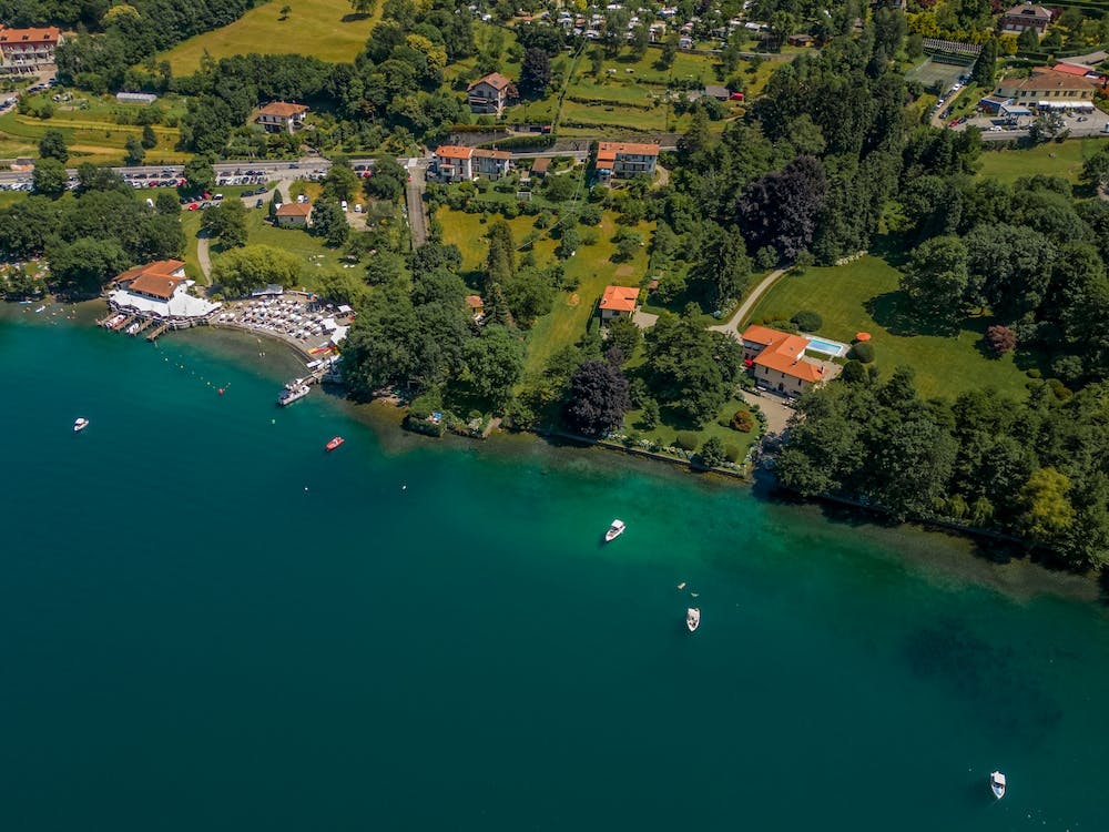Top view of the houses by the lake. Lake Orta. Italy.