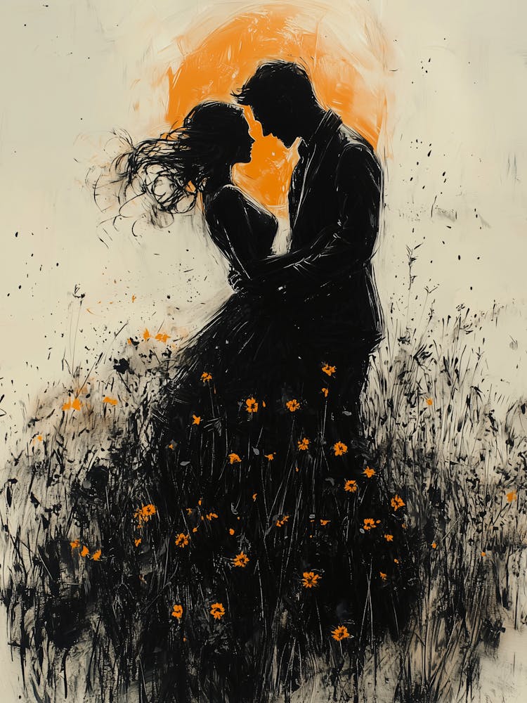 Sunset Love Canvas Print, Romantic Monochrome Charcoal style