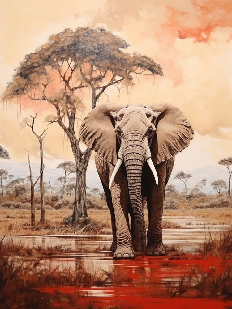 African Elephant In The Savannah Traditional Painting 3