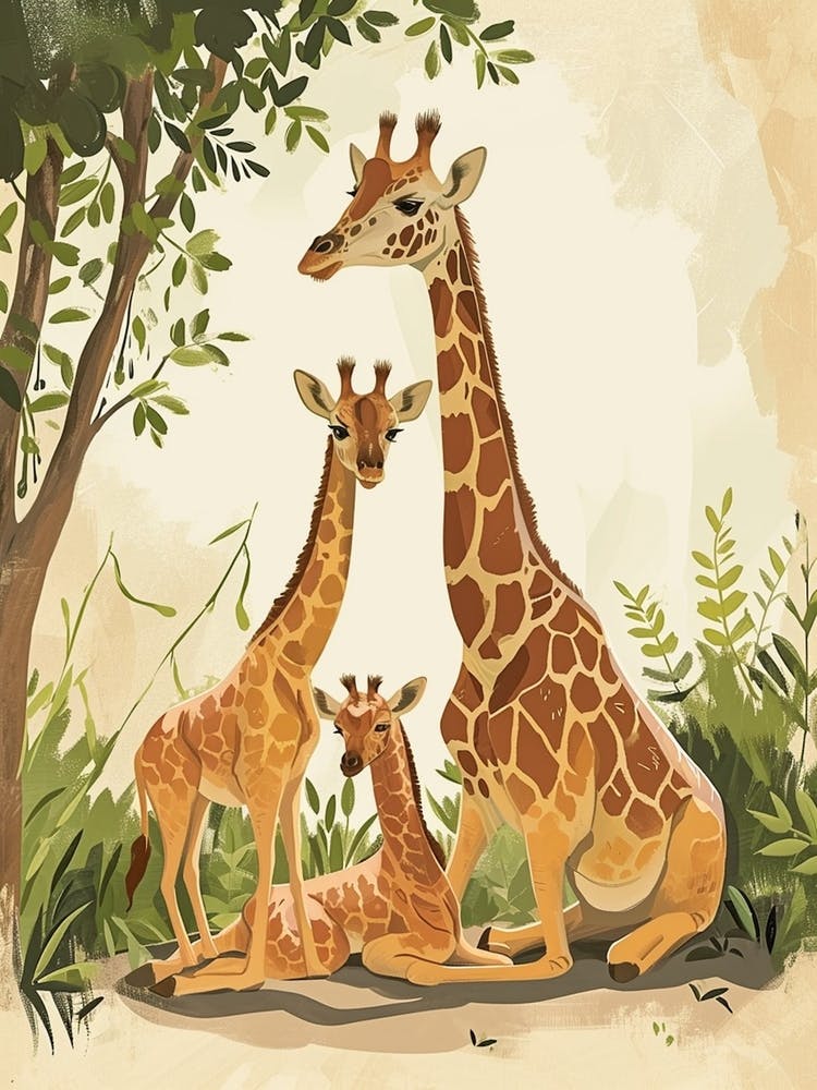 Herd Of Giraffes Resting Under The Tree Modern Illiustration 4