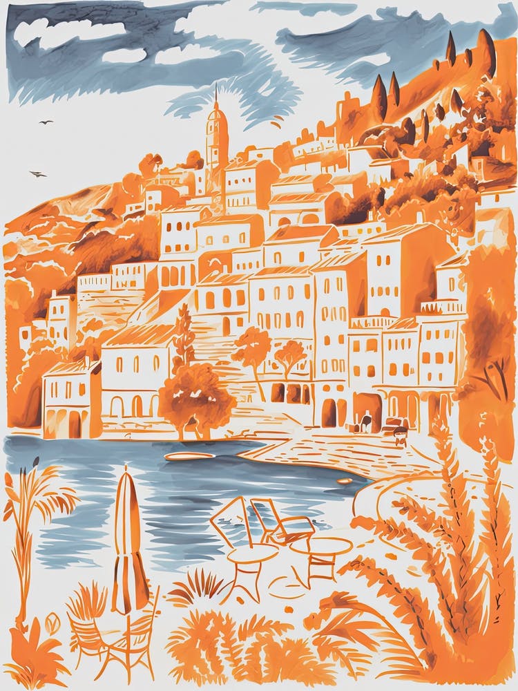 Italy, Portofino Niedliche Illustration in Orange und Blau 1