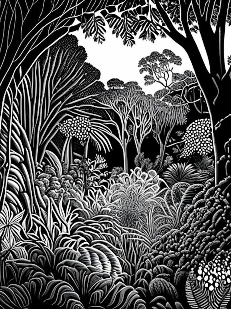 Adelaide Botanic Garden, Australia Linocut Black And White Vintage