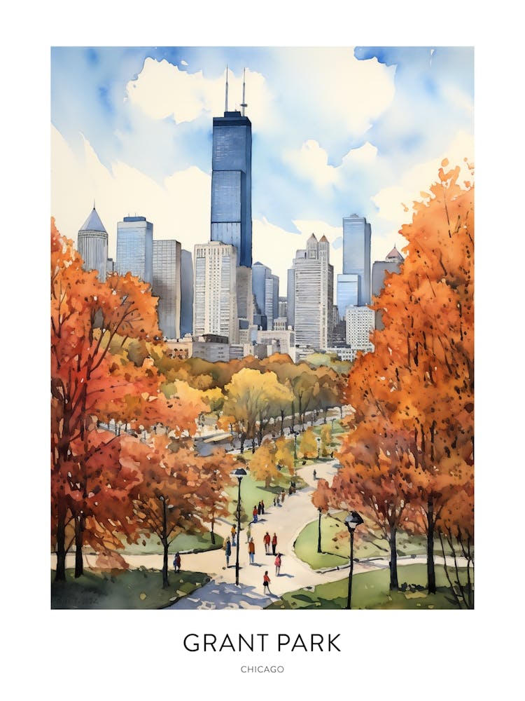 Grant Park 4 Chicago Watercolour Travel Poster