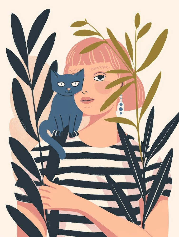 Illustration Of A Girl With A Cat 1