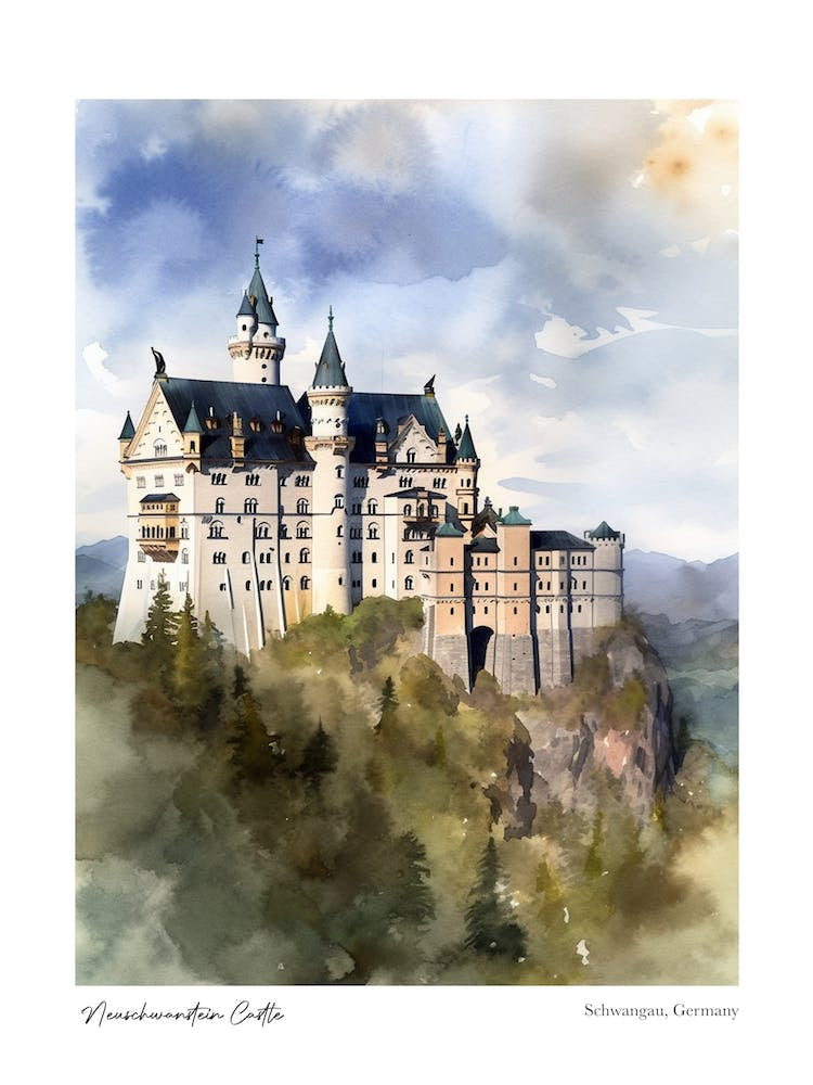 Neuschwanstein Castle 3 Watercolour Travel Poster