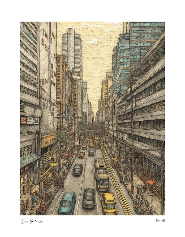 Sao Paulo Brazil Drawing Pencil Style 2 Travel Poster