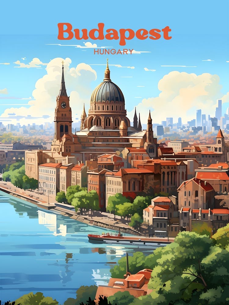 Budapest Hungary Parliament Building Modern Travel Illustration