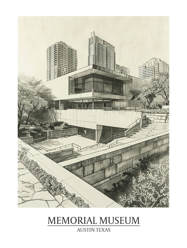 Memorial Museum Austin Texas Black And White Drawing 2 Poster