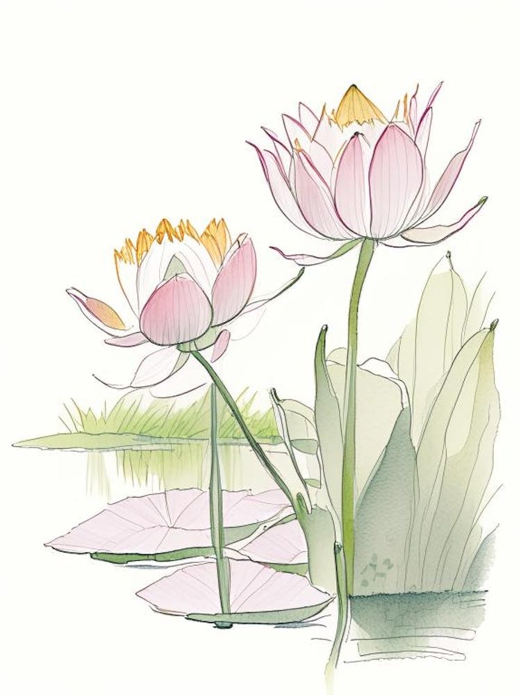 Lotus Flowers In Park Pencil Illustration 9