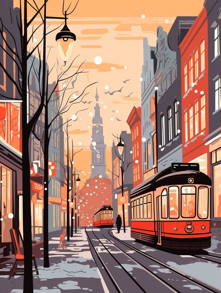 Vintage Winter Travel Illustration Copenhagen Denmark 5