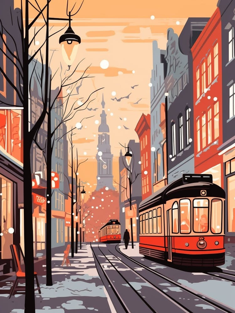 Vintage Winter Travel Illustration Copenhagen Denmark 5