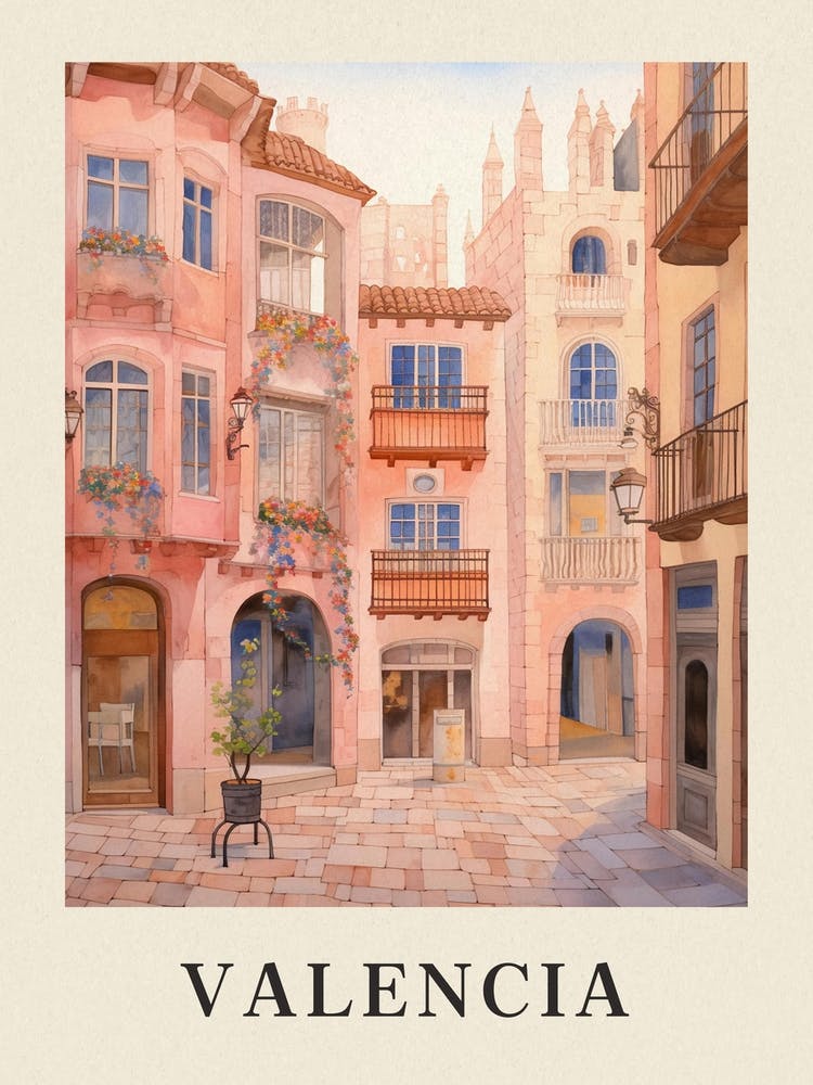 Valencia Spanien 3 Vintage-Rosa Reiseillustrationsposter