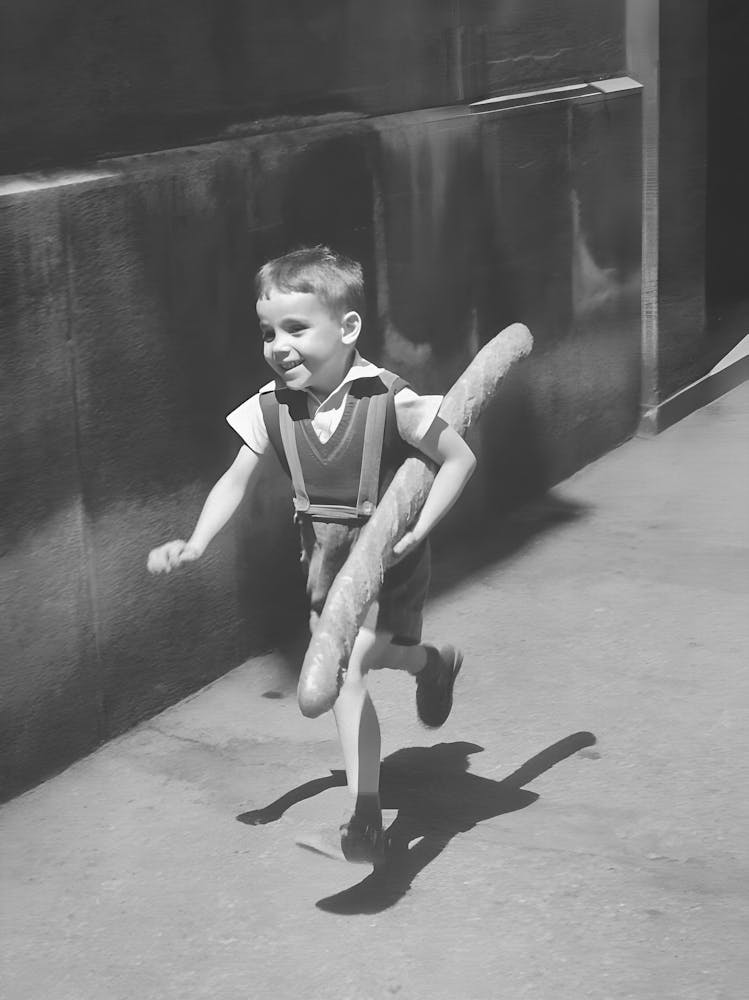 Boy Running With A Baguette, Vintage Black and White Old Photo 1