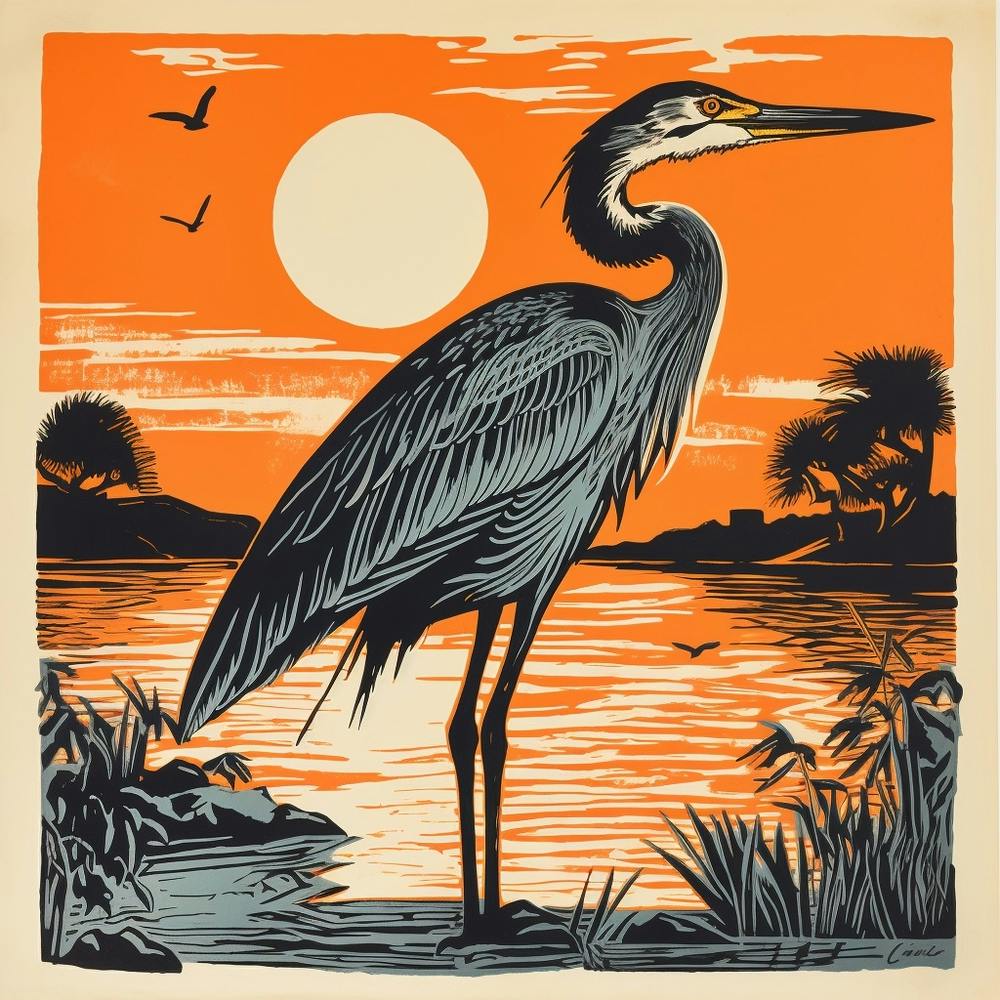 Retro-Vogel-Lithographie Großer Blauer Reiher 1