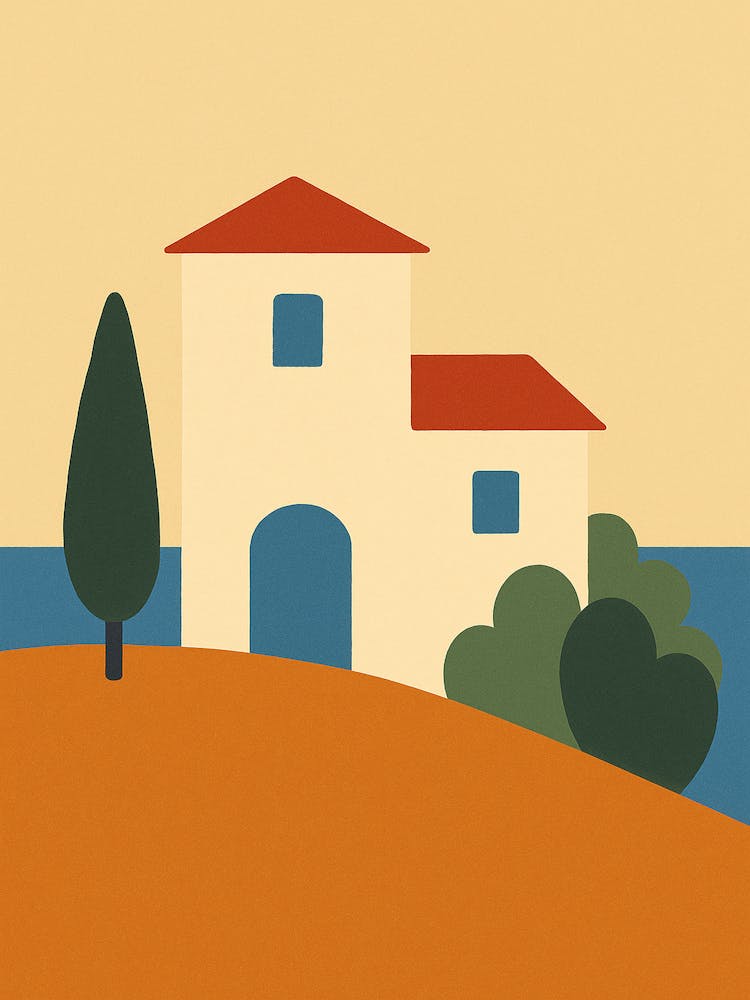 Minimal Mediterranean House Wall Art – Modern Coastal Landscape Printable