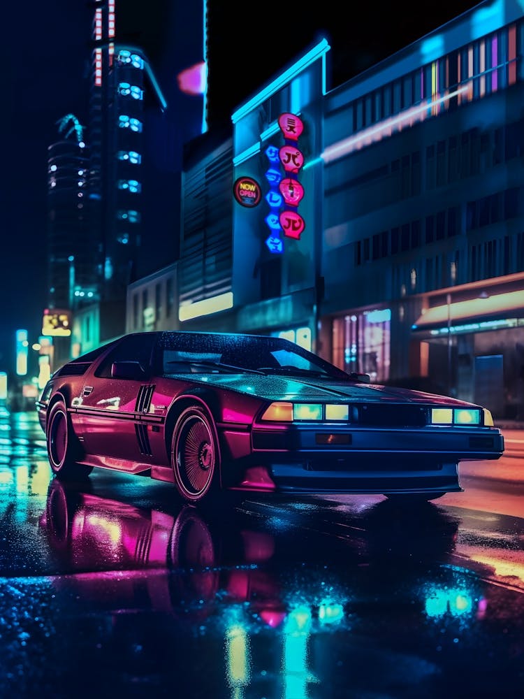 Sleek retrowave car with synthwave neon lights [synthwave/vaporwave/cyberpunk] — aesthetic poster, retrowave poster, vaporwave poster, neon poster