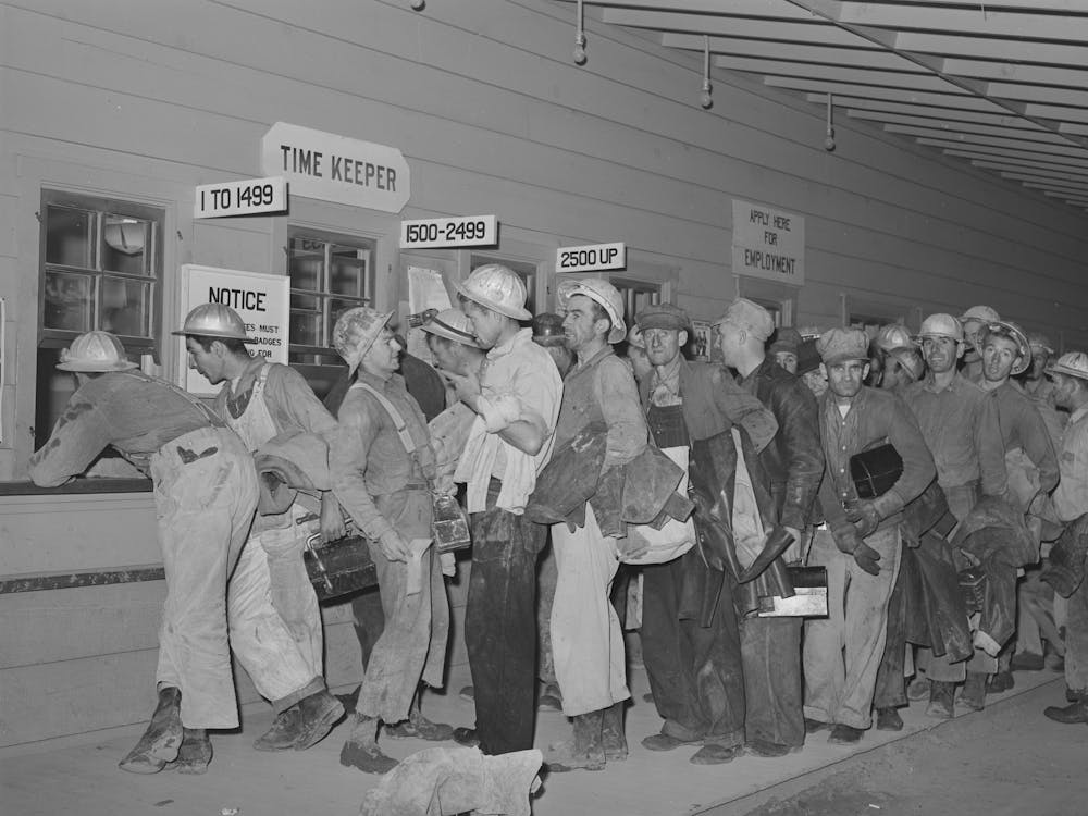 Construction Workers Getting Paid Off, Shasta Dam, Shasta County, California By Russell Lee