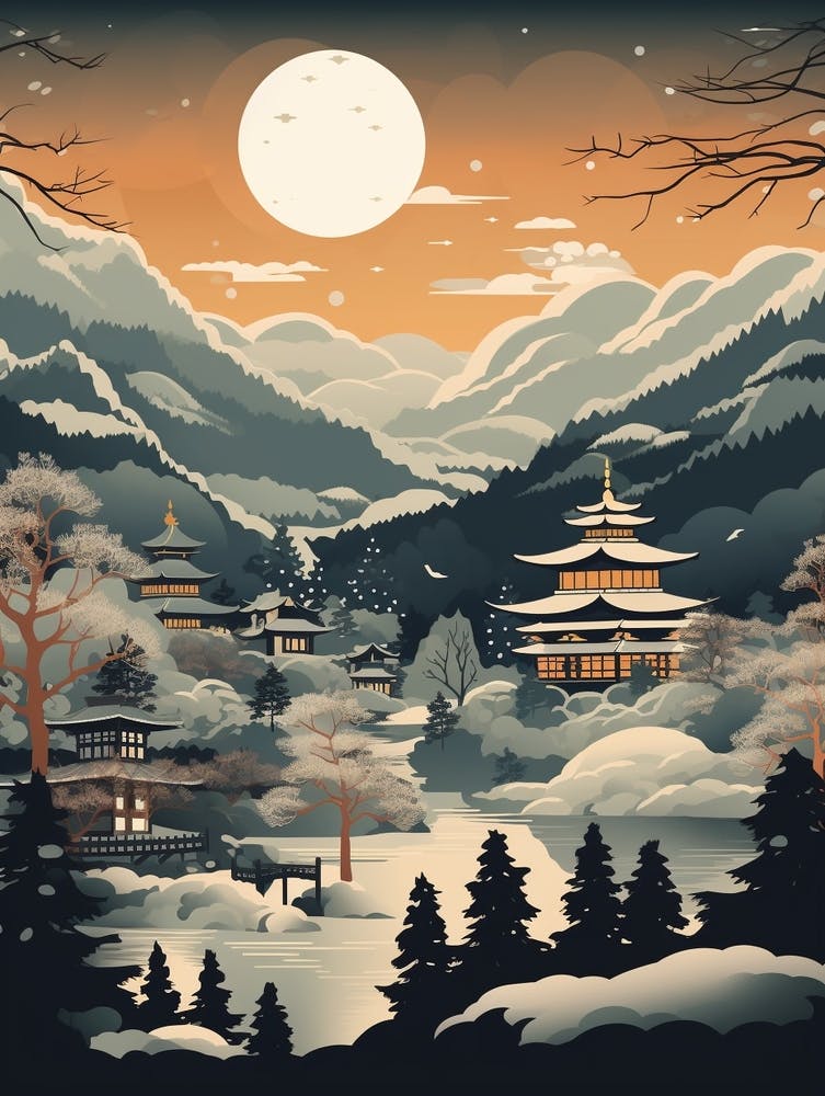 Winter Travel Night Illustration Hakone Japan 3