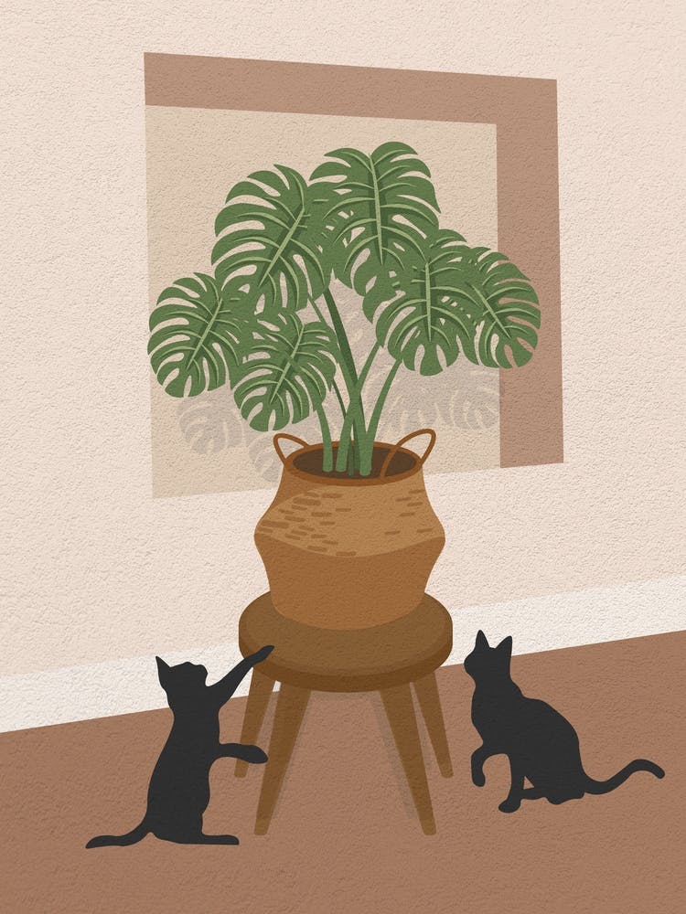 Minimal art Two Cats And A Potted Monstera Plant