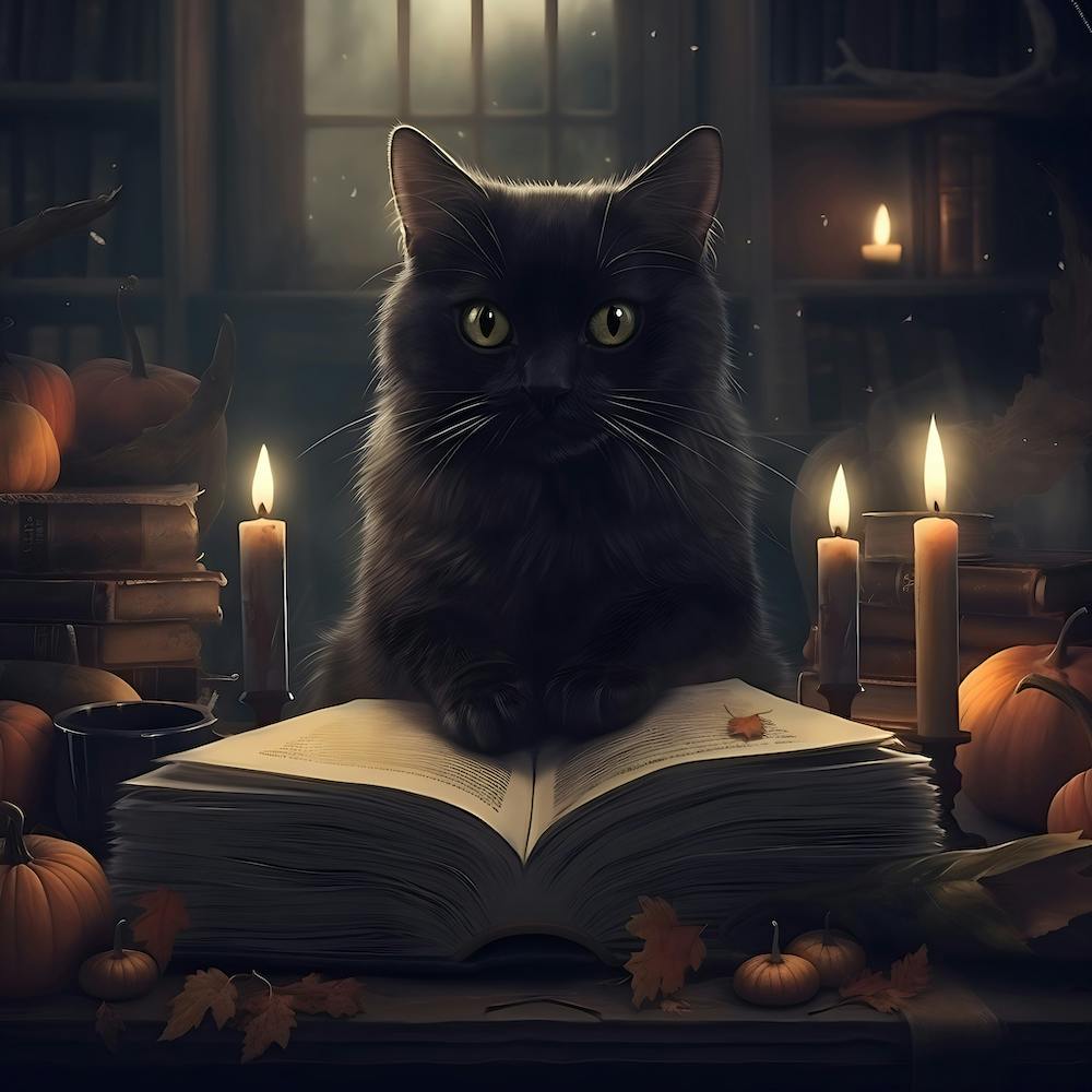 Dark Academia Cat with Grimoire Halloween