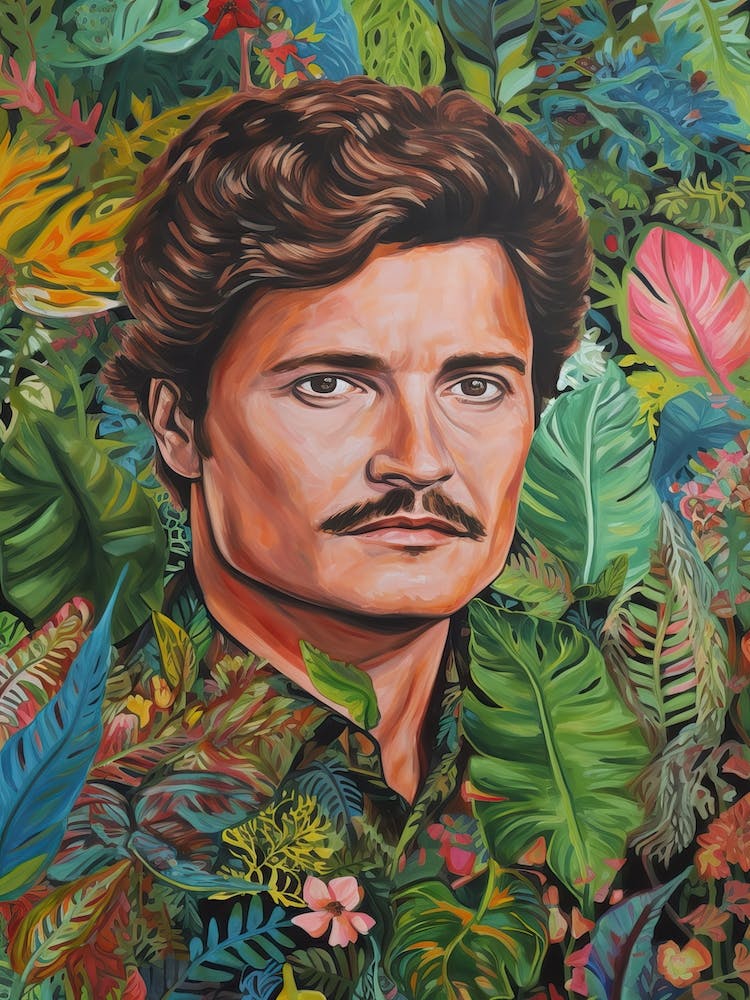 Floral Handpainted Portrait Of Pedro Pascal 2