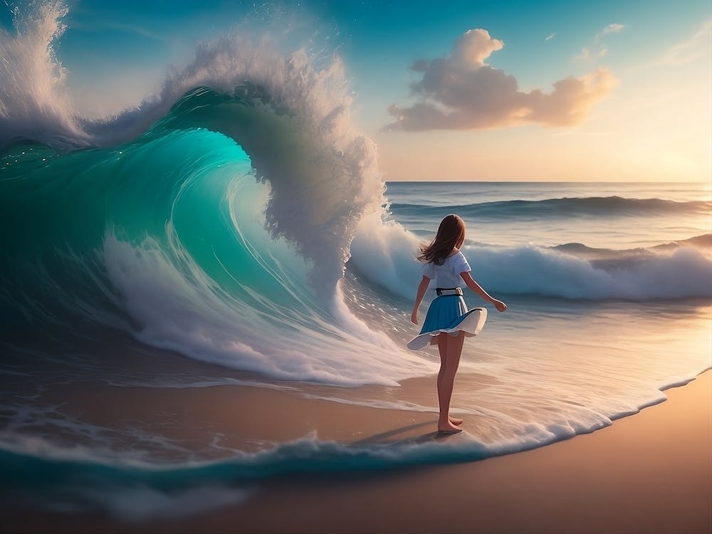 Mädchen taucht ihre Füße in die Wellen am Strand