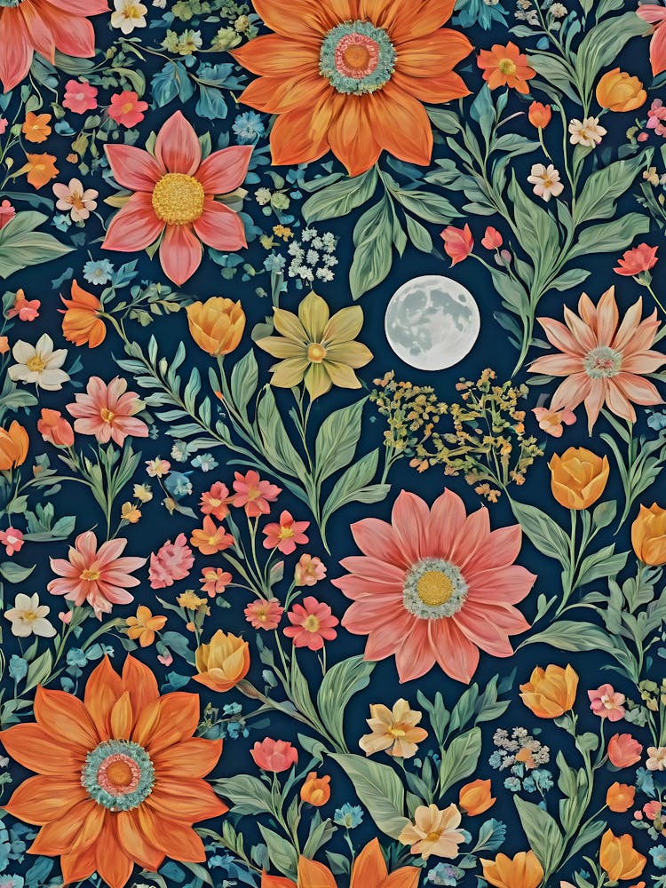 Painted Summer Flowers Pattern on a Full Moon - Navy Background, Stars, Moon Art Like Amy Butler and William Morris Fabric Print For Lunar Pagan Gallery Feature Wall Floral Botanical Luna Lover HD