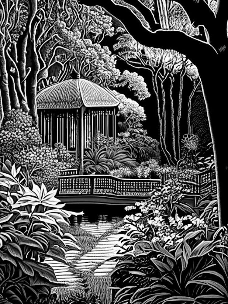 Bellingrath Gardens, 1, Usa Linocut Black And White Vintage